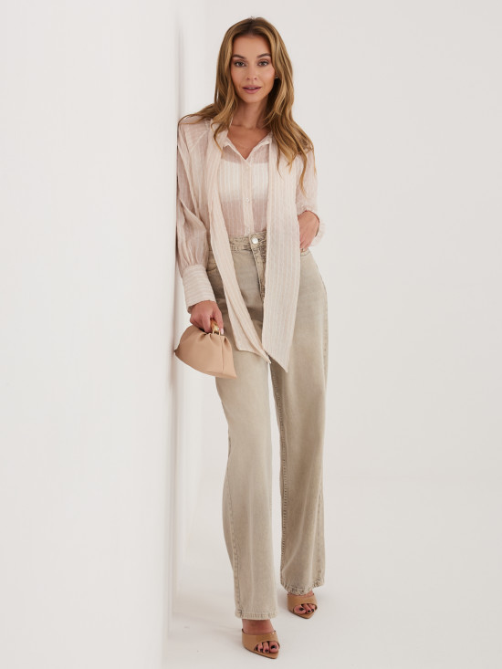 Cămașă bej cu dungi, legare și mâneci bufante