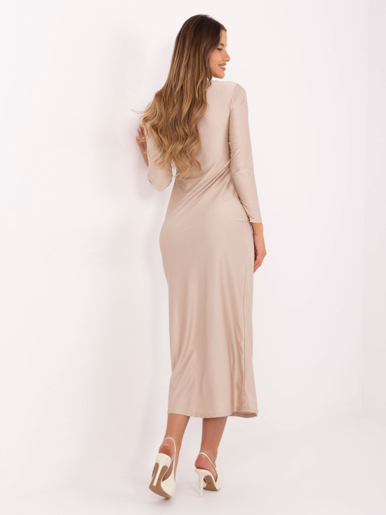 Rochie midi bej tip creion cu mâneci lungi și decolteu în V