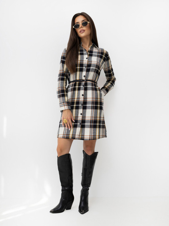 Rochie-cămașă negru-bej cu curea și buzunare