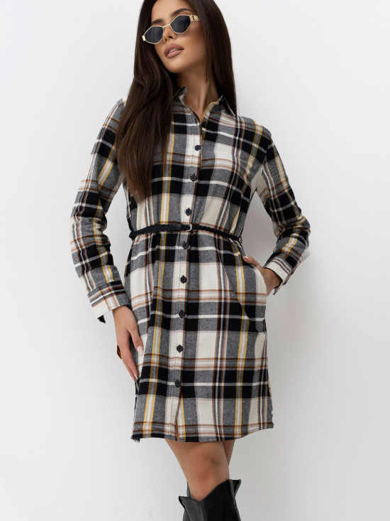 Rochie-cămașă negru-bej cu curea și buzunare