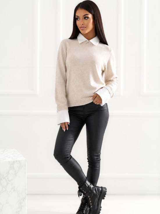 Pulover bej elegant cu guler