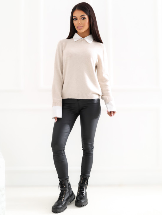 Pulover bej elegant cu guler