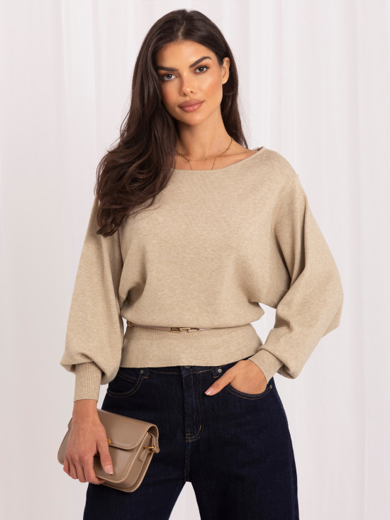 Pulover bej elegant cu curea și decolteu tip bărcuță