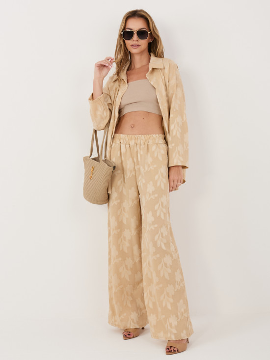 Set bej din viscoză cu cămașă și pantaloni