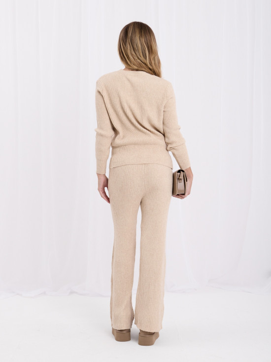 Set bej cu cardigan și pantaloni largi