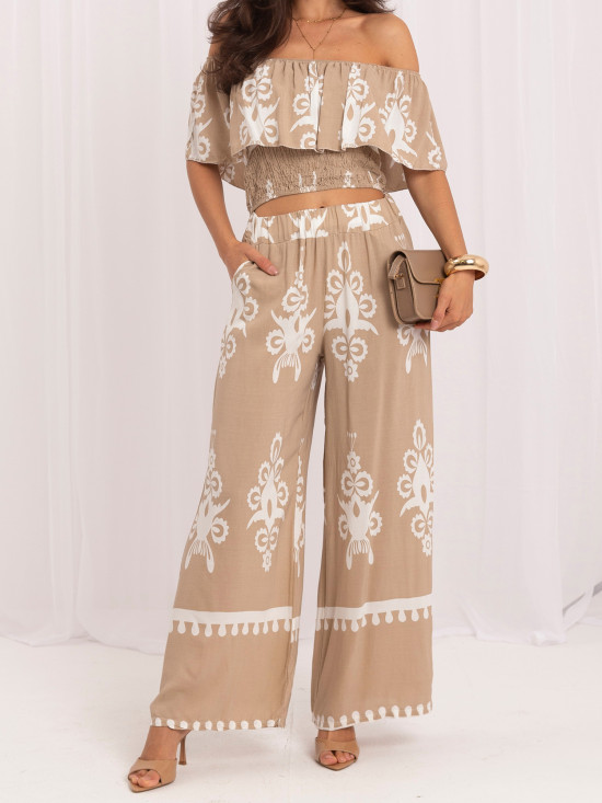 Set boho bej cu imprimeu și umeri goi