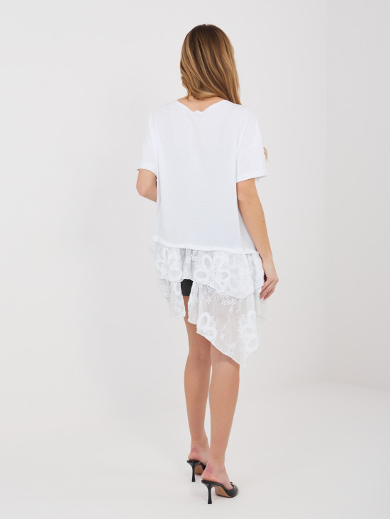 Bluză albă din bumbac cu mânecă scurtă și volan
