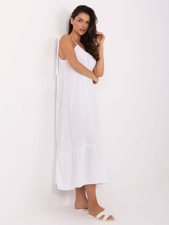 Rochie albă evazată cu legătură