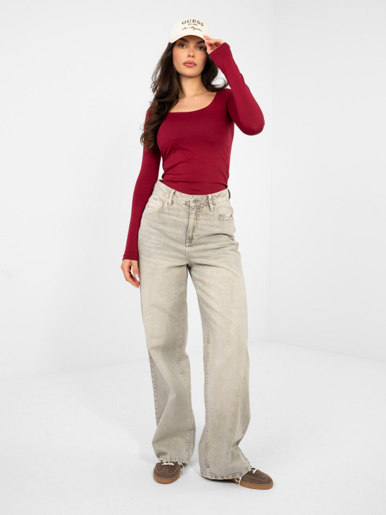 Bluză din bumbac bordo cu mâneci lungi și decolteu pătrat