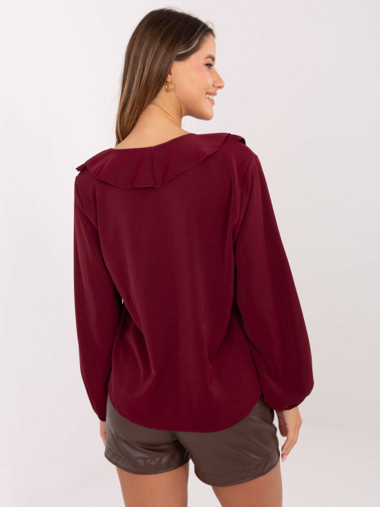 Bluză elegantă bordo cu volan și mâneci bufante