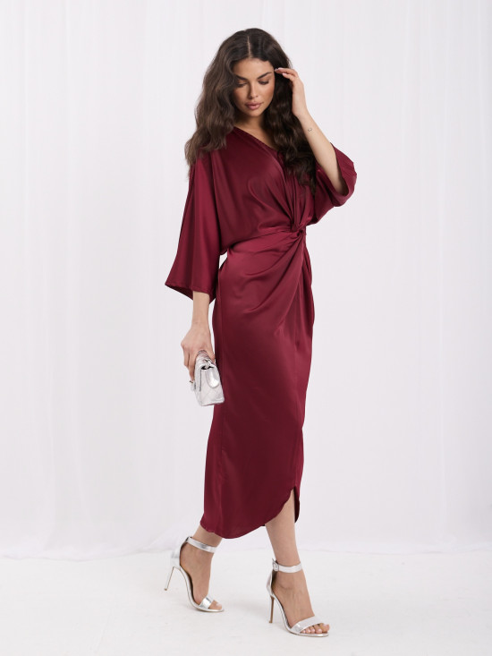 Rochie midi bordo asimetrică cu mâneci 3/4