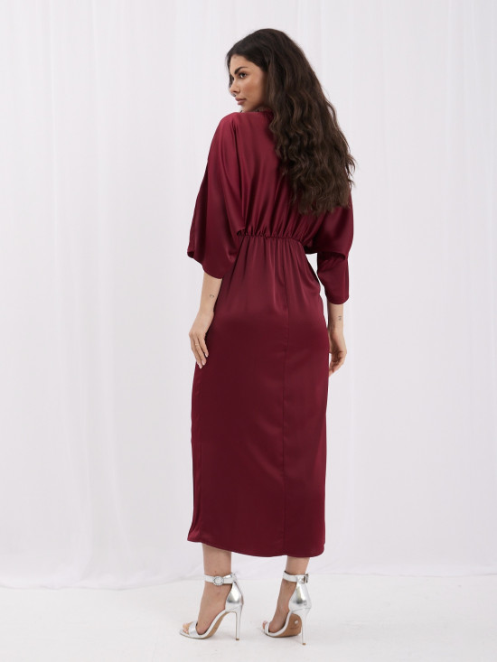 Rochie midi bordo asimetrică cu mâneci 3/4