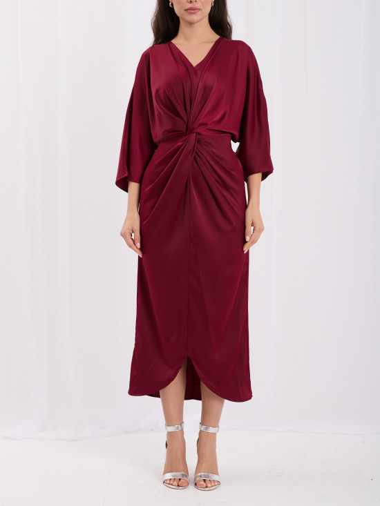 Rochie midi bordo asimetrică cu mâneci 3/4