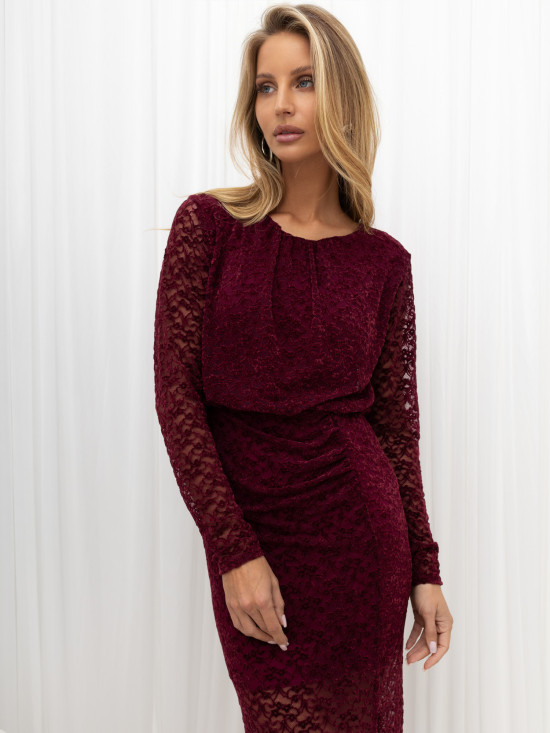 Rochie maxi bordo din dantelă cu mâneci lungi
