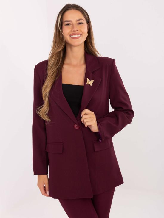 Sacou elegant bordo cu căptușeală și broșă