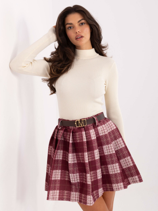Fustă mini bordo cu model în carouri și curea