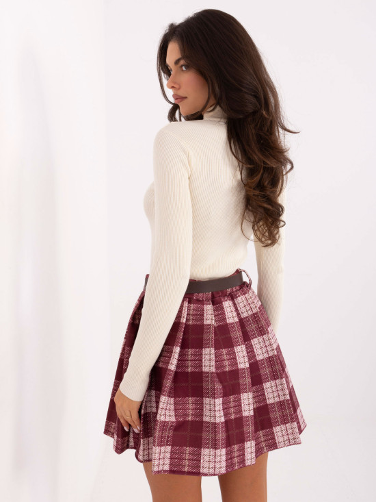 Fustă mini bordo cu model în carouri și curea