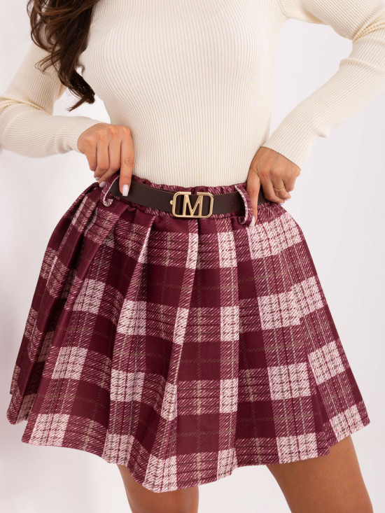 Fustă mini bordo cu model în carouri și curea