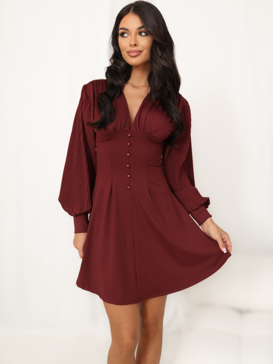 Rochie mini bordo cu decolteu în V și mâneci bufante