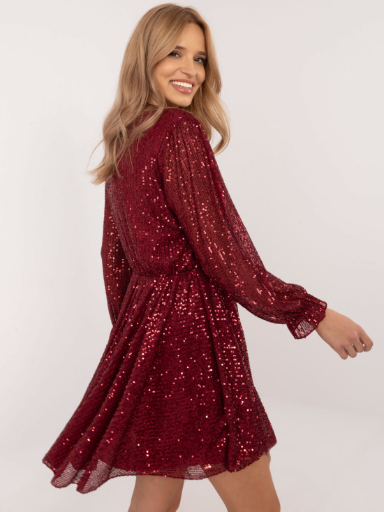 Rochie cocktail asimetrică bordo cu paiete