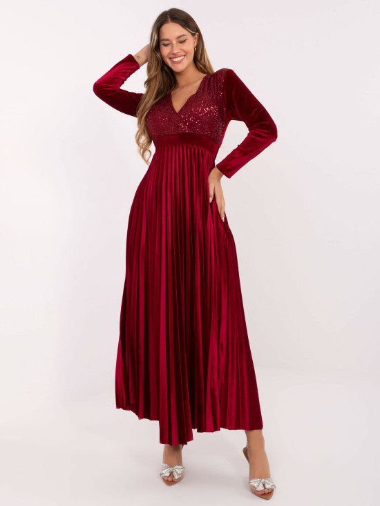 Rochie maxi bordo cu curea și paiete