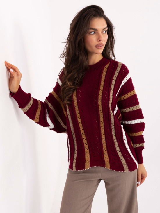 Pulover bordo cu model ajurat și dungi