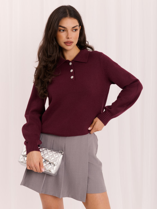 Pulover bordo elegant cu guler și nasturi