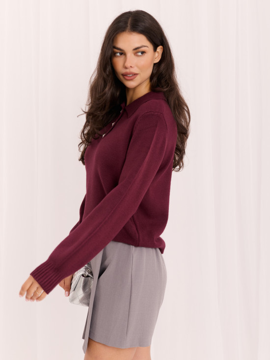 Pulover bordo elegant cu guler și nasturi