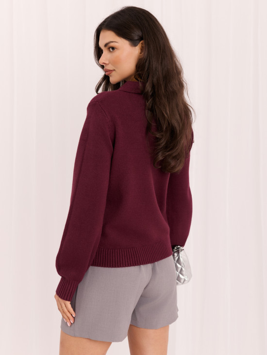 Pulover bordo elegant cu guler și nasturi