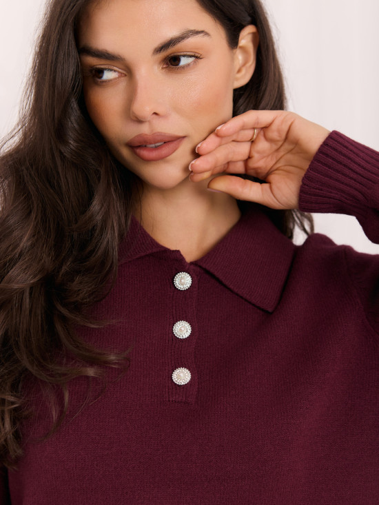 Pulover bordo elegant cu guler și nasturi