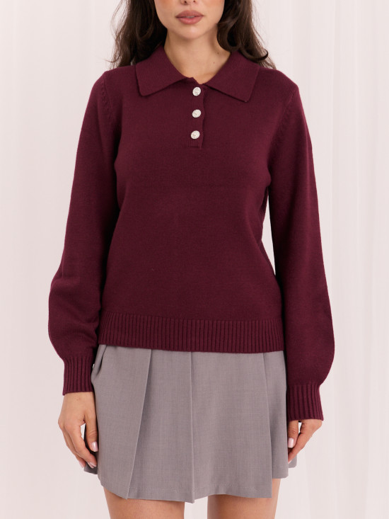 Pulover bordo elegant cu guler și nasturi
