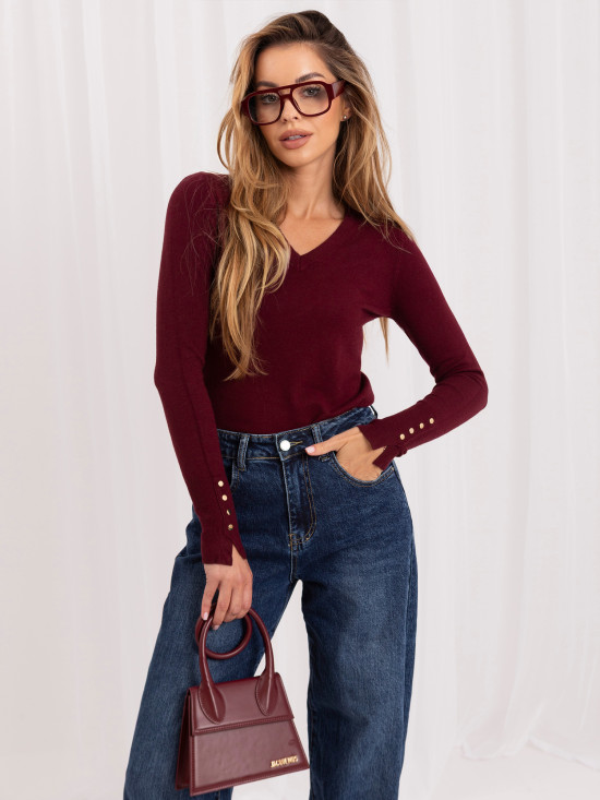 Pulover elegant bordo cu decolteu în V și nasturi