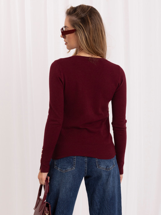 Pulover elegant bordo cu decolteu în V și nasturi