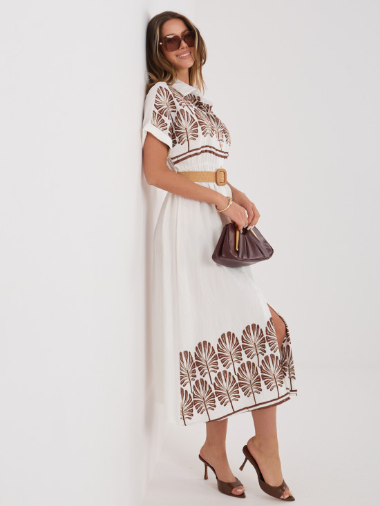 Rochie cămașă midi alb-maro cu broderie și curea