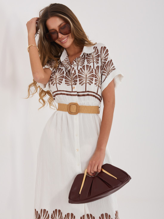 Rochie cămașă midi alb-maro cu broderie și curea