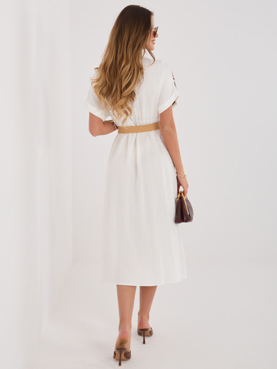 Rochie cămașă midi alb-maro cu broderie și curea