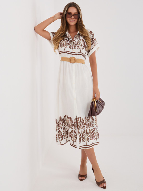 Rochie cămașă midi alb-maro cu broderie și curea