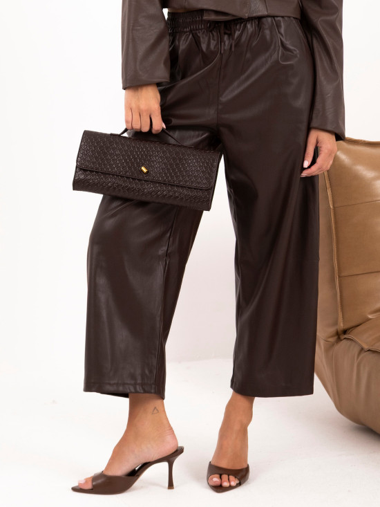 Pantaloni largi maro din piele ecologică cu talie înaltă
