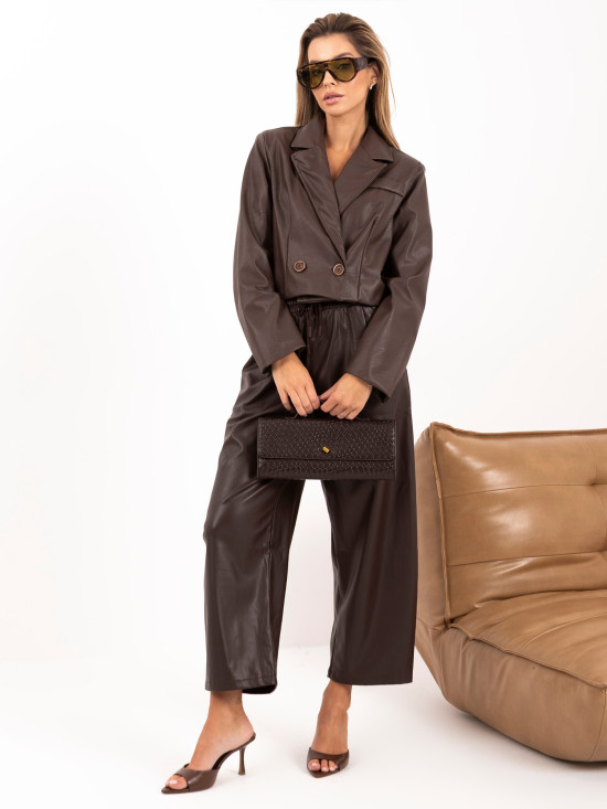 Pantaloni largi maro din piele ecologică cu talie înaltă