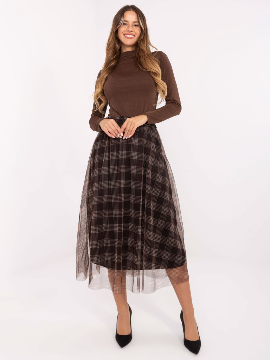 Fustă midi elegantă maro cu model în carouri