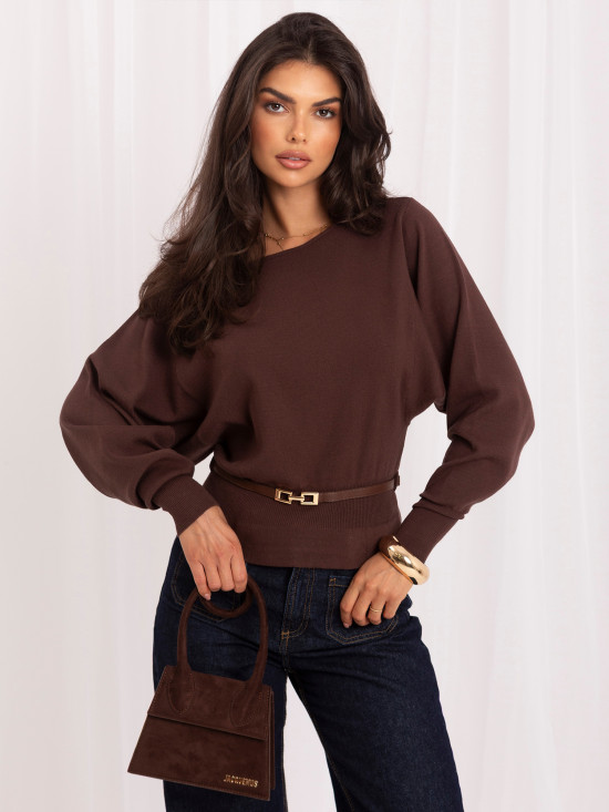 Pulover elegant maro cu curea și decolteu tip bărcuță