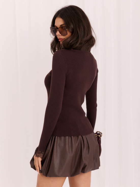 Pulover elegant maro cu dantelă