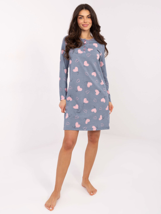 Cămașă de noapte damă cu mâneci lungi, albastru închis, din bumbac