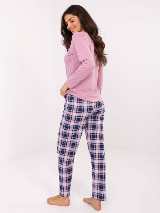 Pijamă damă cu mânecă lungă, roz, cu model în carouri