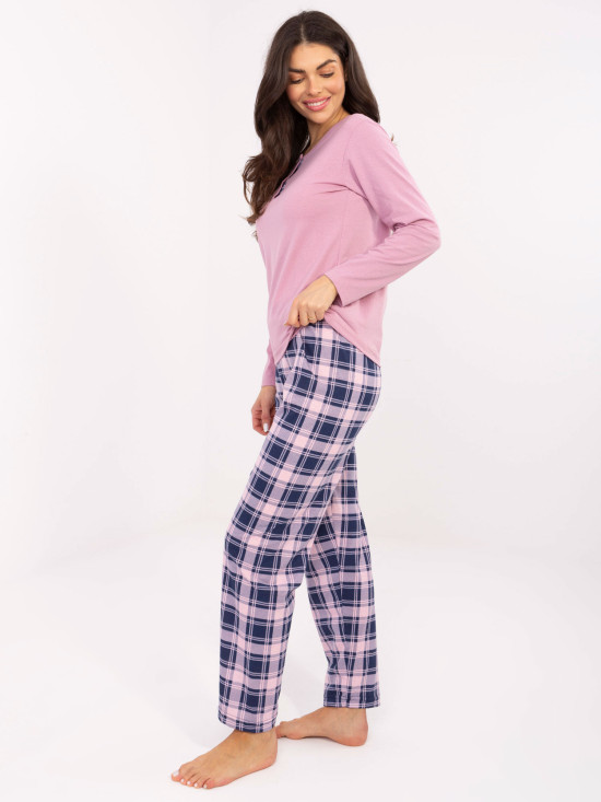 Pijamă damă cu mânecă lungă, roz, cu model în carouri