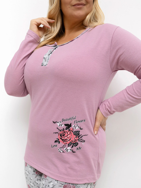 Pijamă damă cu imprimeu floral, mânecă lungă, roz