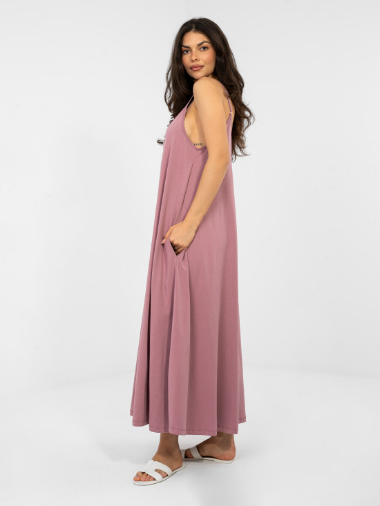 Rochie maxi de vară cu decolteu în V și buzunare, roz închis