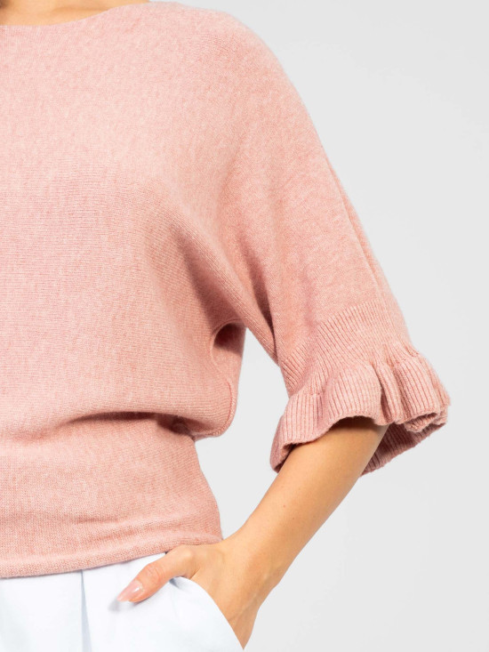 Pulover elegant roz cu volan și mâneci 3/4