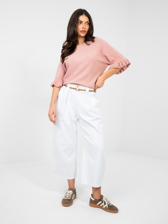 Pulover elegant roz cu volan și mâneci 3/4