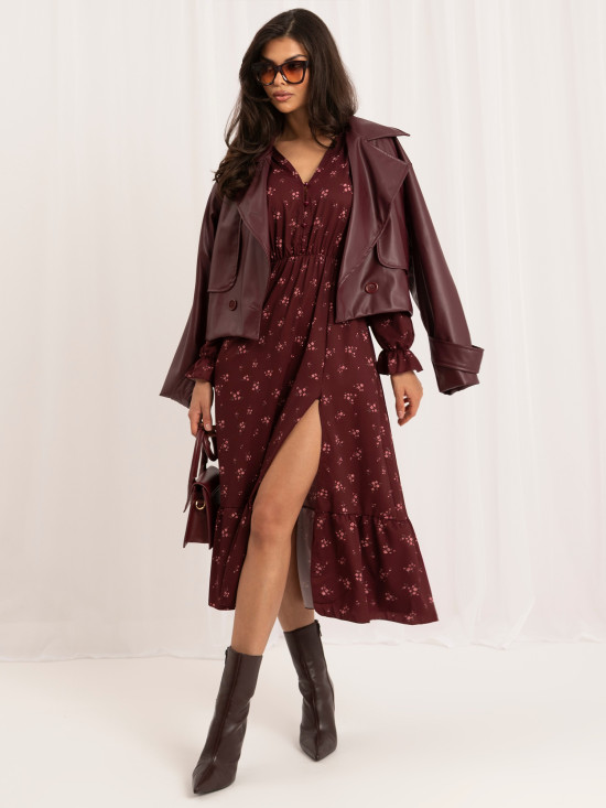 Rochie midi bordo cu imprimeu floral și volan